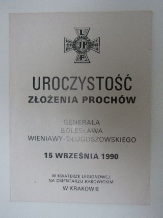 UROCZYSTOŚĆ ZŁOŻENIA PROCHÓW GEN. BOLESŁAWA WIENIAWY - DŁUGOSZOWSKIEGO